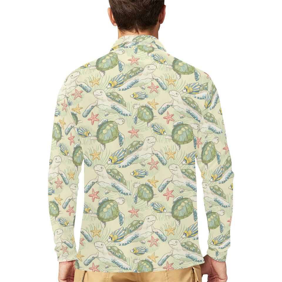 Hand drawn sea turtle fish pattern Men's Long Sleeve Polo Shirt