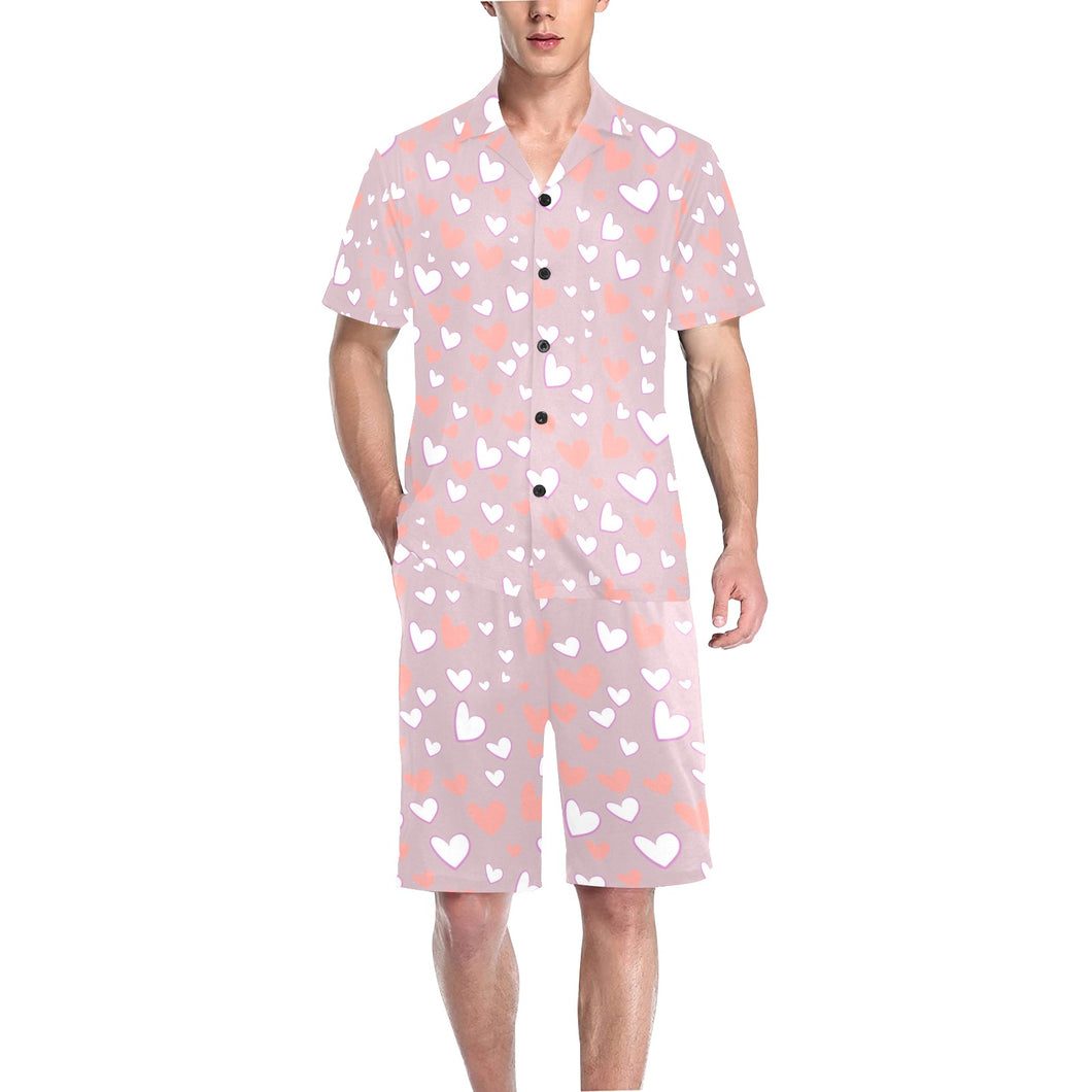 coral white heart pattern Men's V-Neck Short Pajama Set