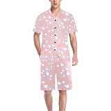 coral white heart pattern Men's V-Neck Short Pajama Set