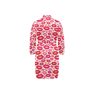 Lips Pattern Print Design 01 Men's Long Sleeve Belted Night Robe