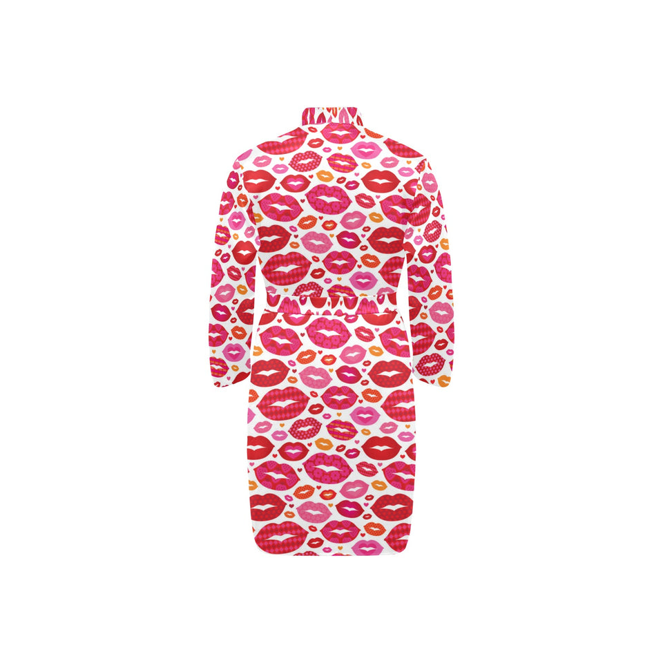 Lips Pattern Print Design 01 Men's Long Sleeve Belted Night Robe