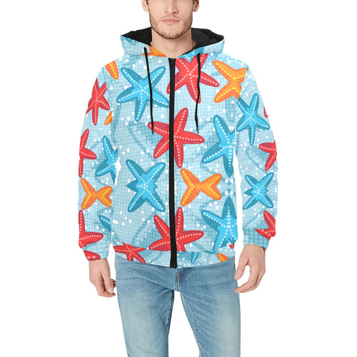 Blue red orange starfish pattern Men's Padded Hooded Jacket