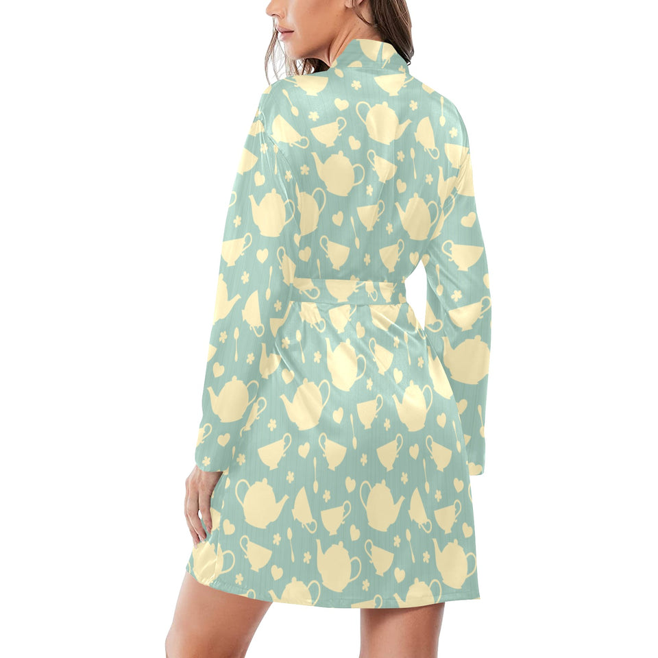 Tea pots Pattern Print Design 02 Women's Long Sleeve Belted Night Robe