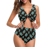 Sea turtle blue stone pattern Chest Bowknot High Waisted Bikini Swimsuit