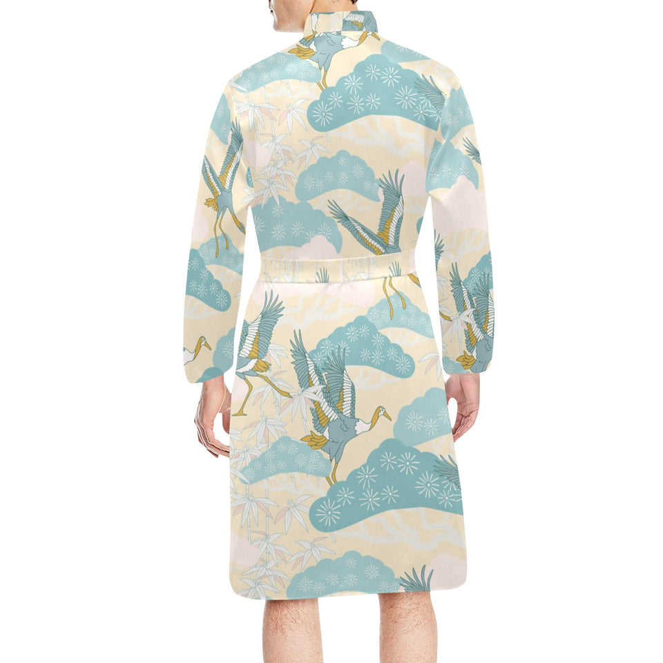 Bonsai bamboo stork japanese pattern cream theme Men's Long Sleeve Belted Night Robe