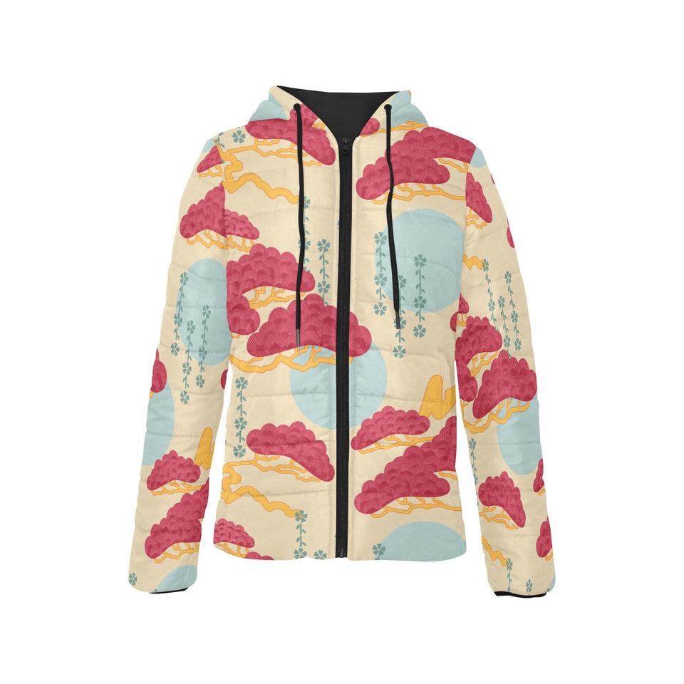 Red Bonsai gray sun japanese pattern Women's Padded Hooded Jacket