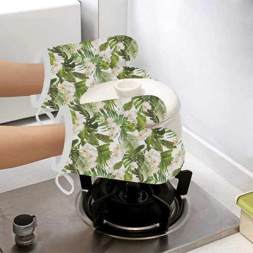 White orchid flower tropical leaves pattern Heat Resistant Oven Mitts