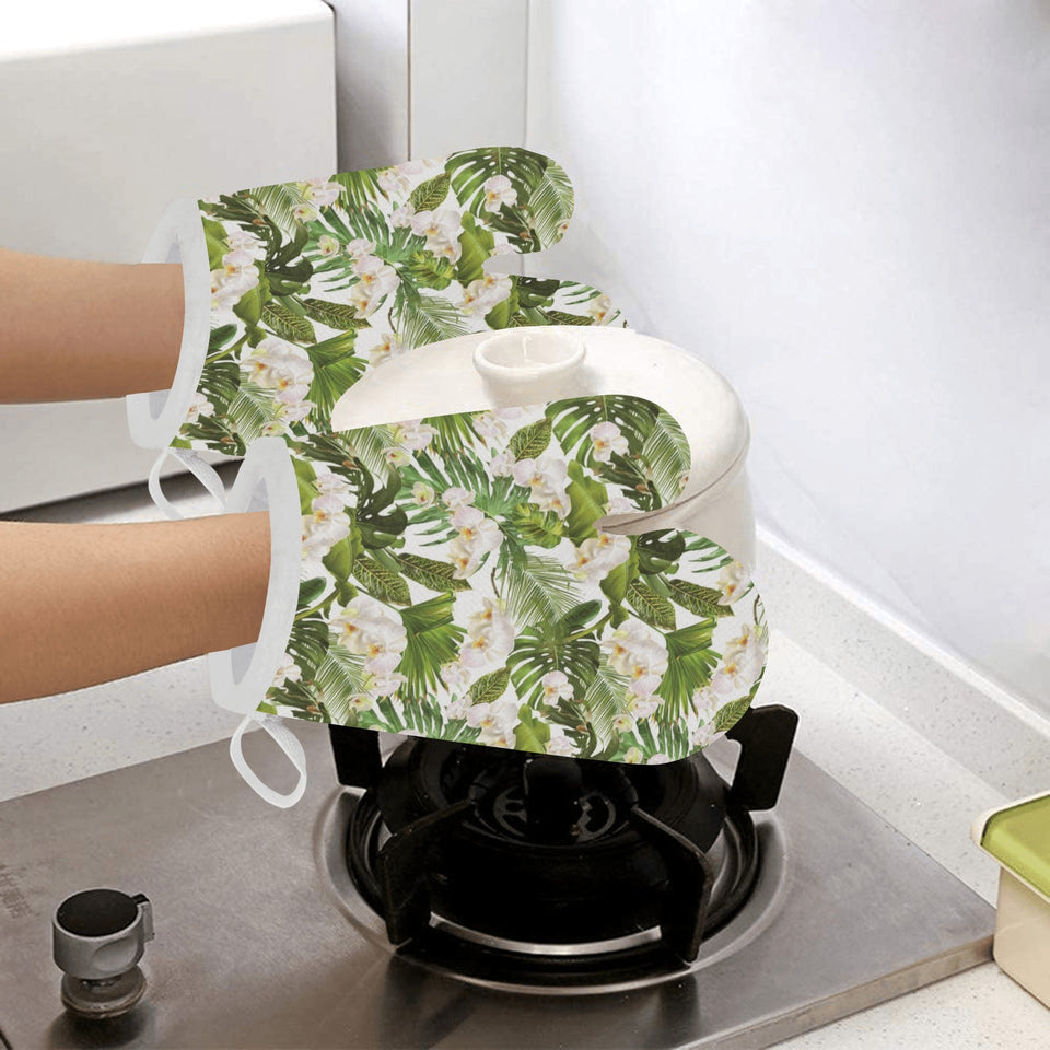 White orchid flower tropical leaves pattern Heat Resistant Oven Mitts