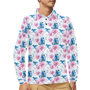 Hummingbird Pattern Print Design 02 Men's Long Sleeve Polo Shirt