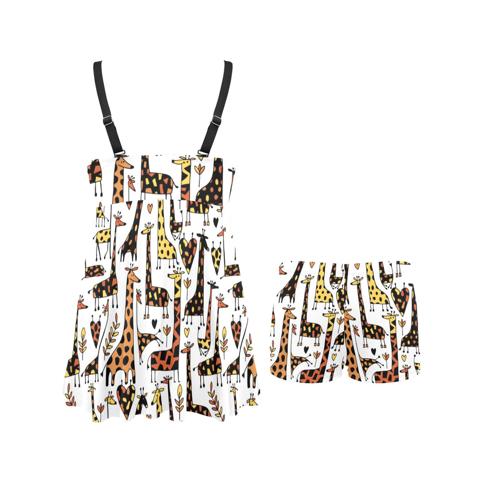 Giraffe Pattern Print Design 05 Chest Sexy Pleated Two Piece Swim Dress