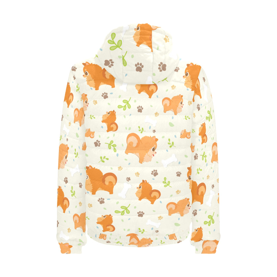 Cute brown pomeranian paw leave bone pattern Men's Padded Hooded Jacket