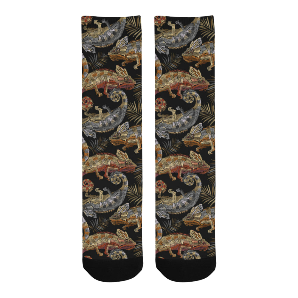 Chameleon lizard tropical leaves palm tree Crew Socks