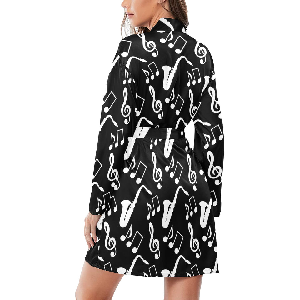 Saxophone music notes treble clef black white them Women's Long Sleeve Belted Night Robe