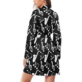 Saxophone music notes treble clef black white them Women's Long Sleeve Belted Night Robe