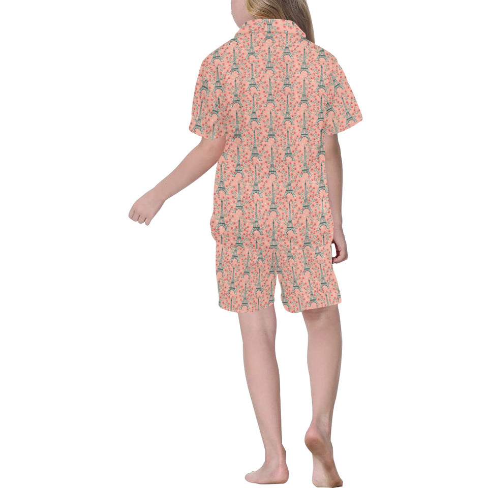 Eiffel Tower Flower Pattern Design 03 Kids' Boys' Girls' V-Neck Short Pajama Set