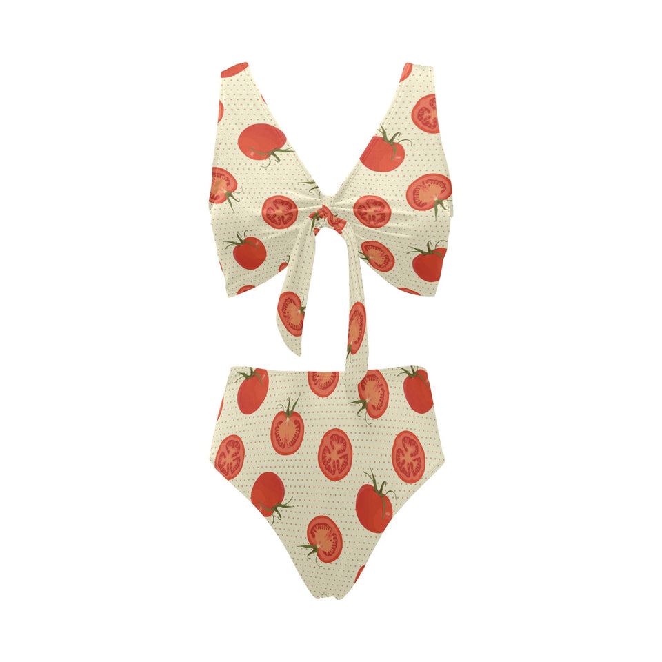 Tomato dot background Chest Bowknot High Waisted Bikini Swimsuit