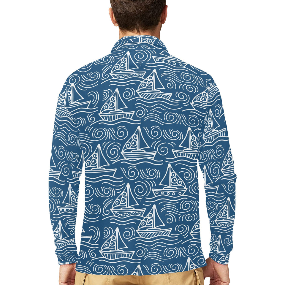 Hand drawn sailboat pattern Men's Long Sleeve Polo Shirt
