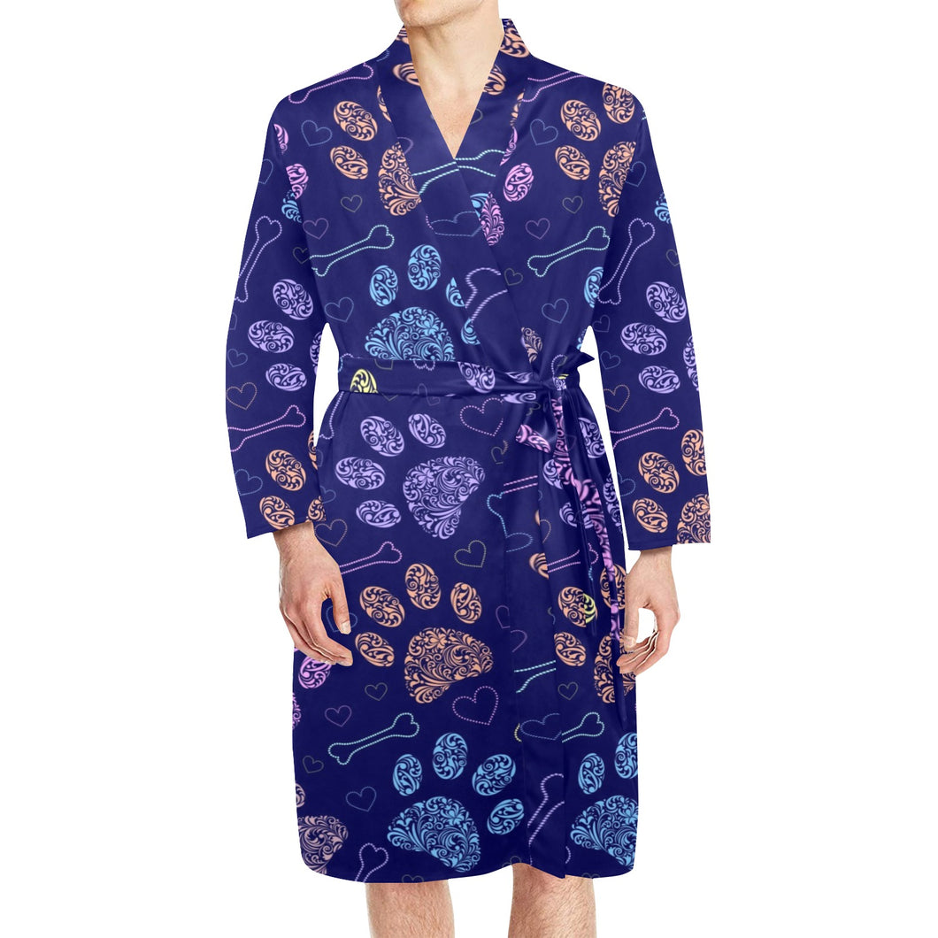 Dog Paws Pattern Print Design 02 Men's Long Sleeve Belted Night Robe