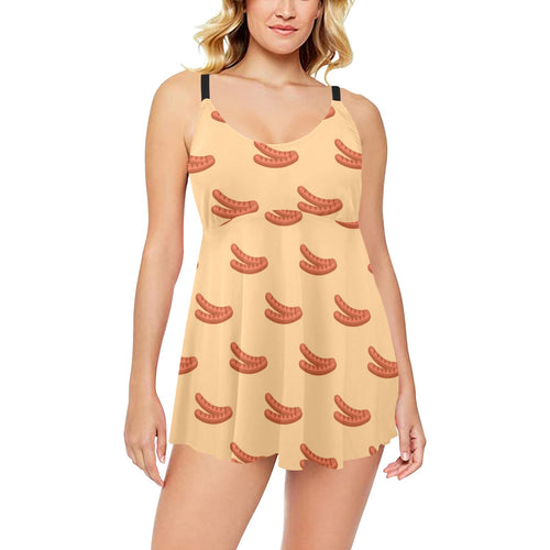 Sausage Pattern Print Design 03 Chest Sexy Pleated Two Piece Swim Dress