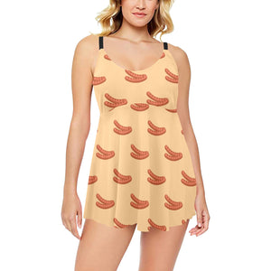 Sausage Pattern Print Design 03 Chest Sexy Pleated Two Piece Swim Dress