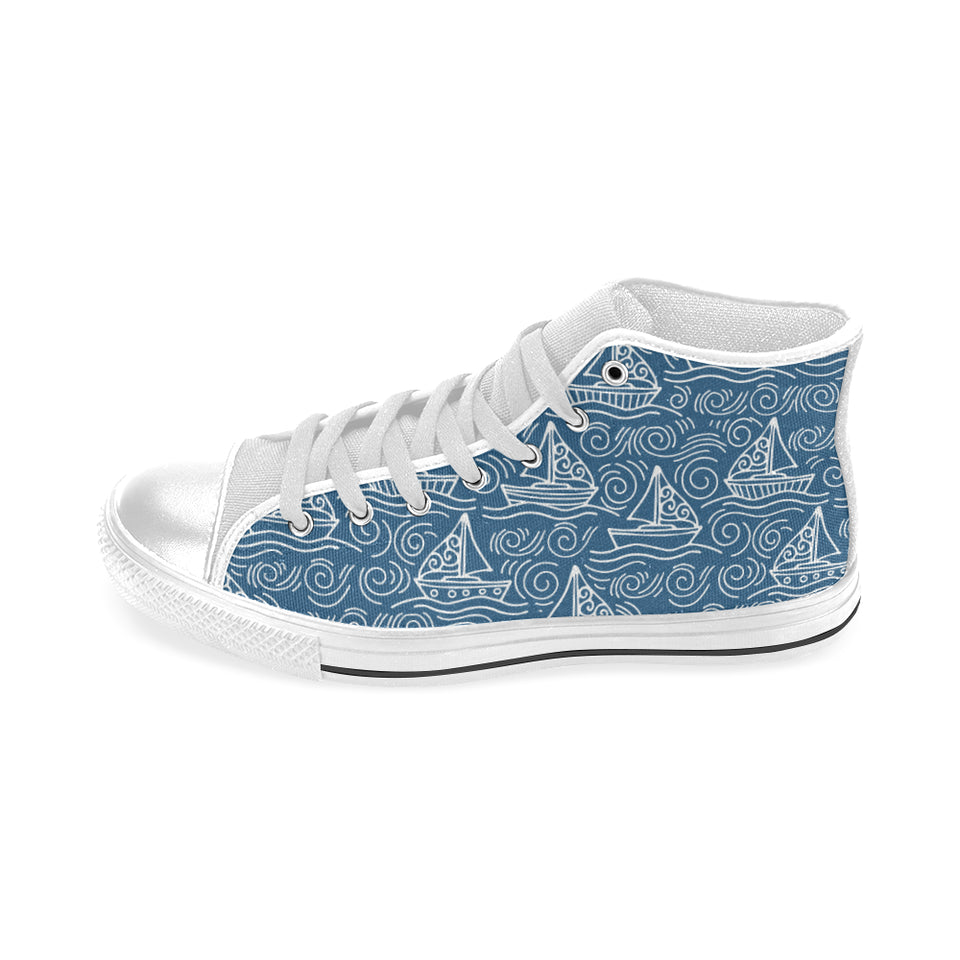 Hand drawn sailboat pattern Men's High Top Canvas Shoes White
