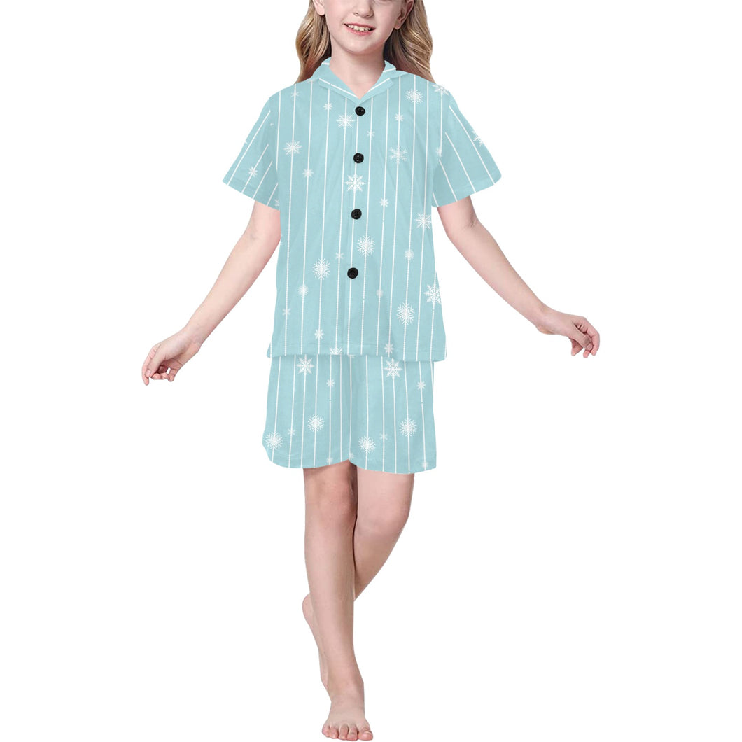Snowflake pattern blue stripe background Kids' Boys' Girls' V-Neck Short Pajama Set
