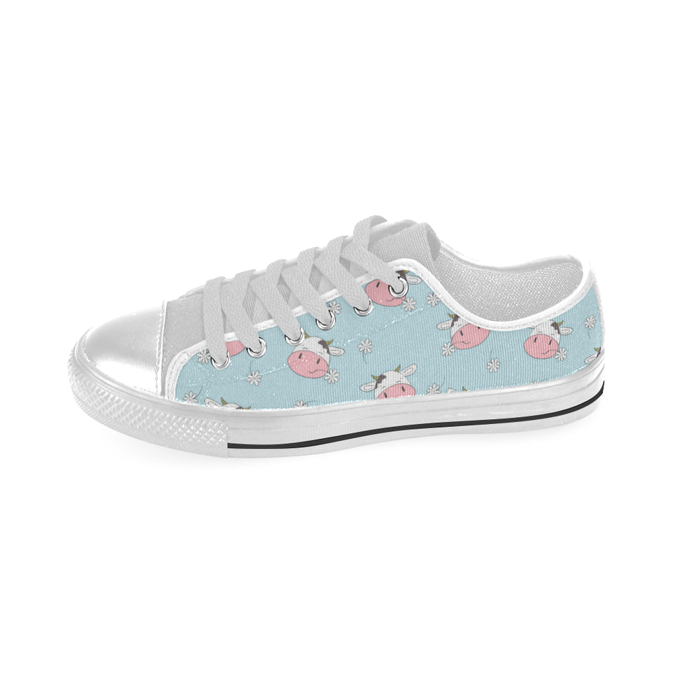 Cute cow flower pattern Men's Low Top Canvas Shoes White