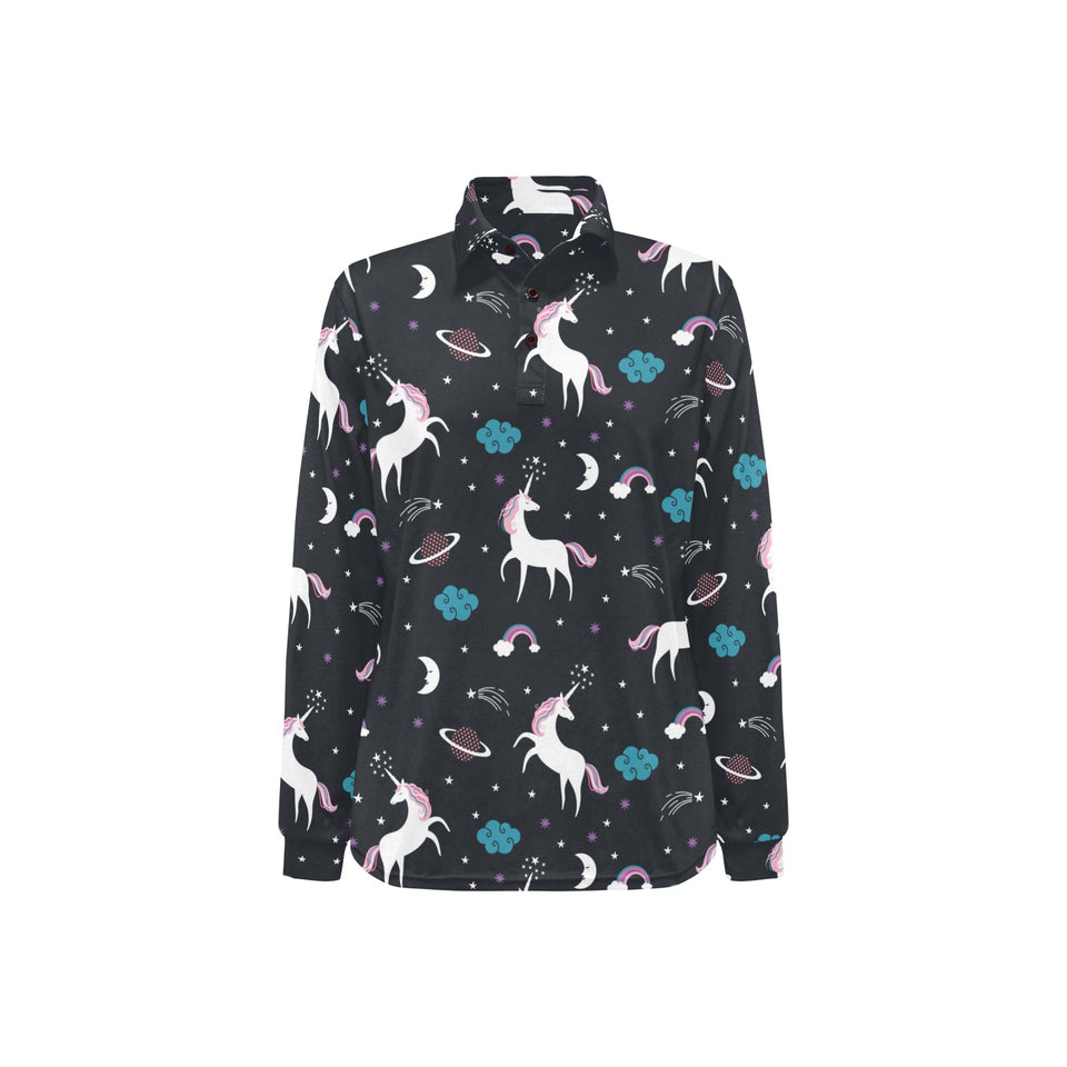 unicorn rainbows moon clound star pattern Women's Long Sleeve Polo Shirt