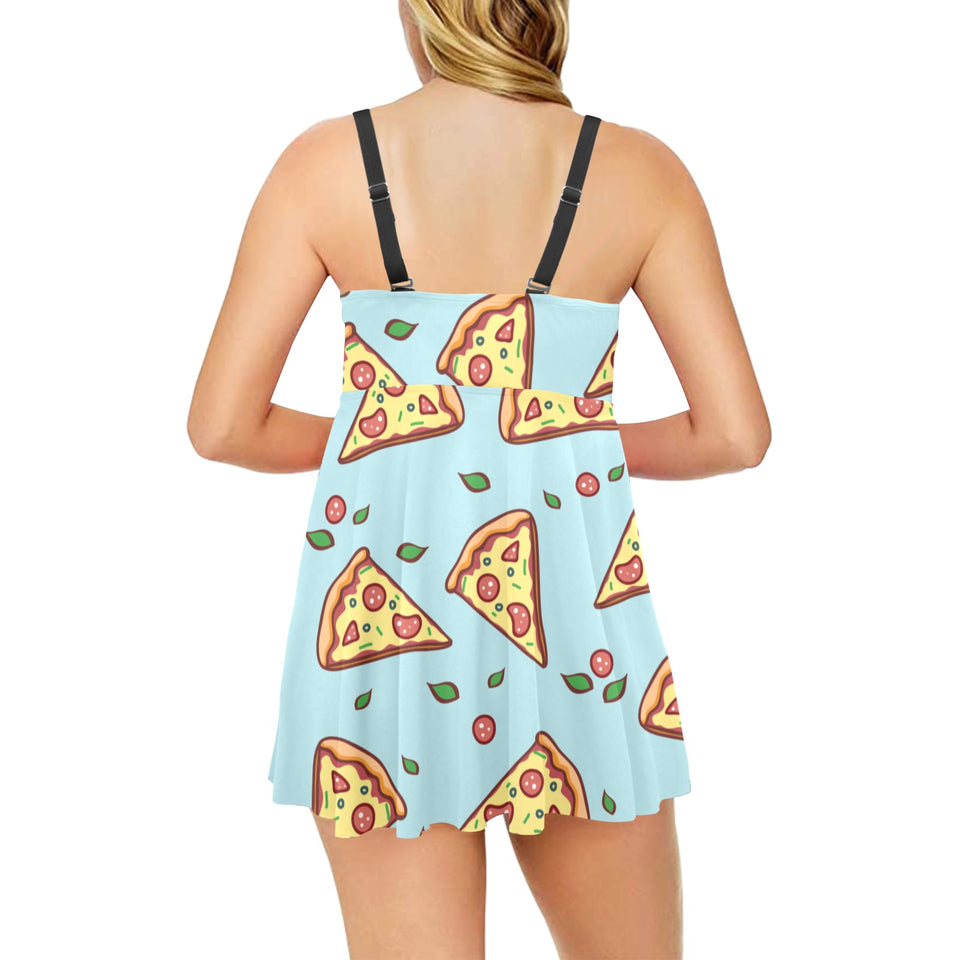 Hand drawn pizza blue background Chest Sexy Pleated Two Piece Swim Dress