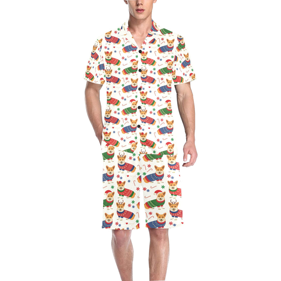 Corgi Christmas Pattern Men's V-Neck Short Pajama Set