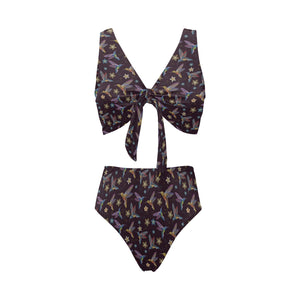 Hummingbird Pattern Print Design 04 Chest Bowknot High Waisted Bikini Swimsuit