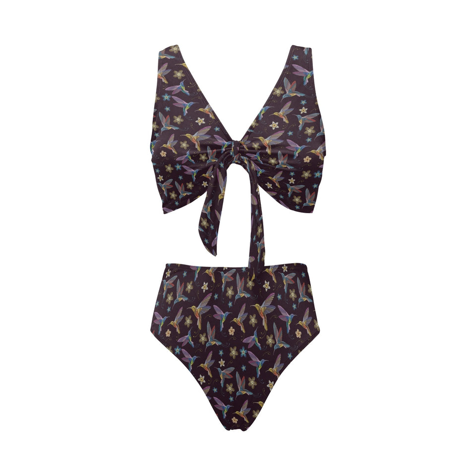 Hummingbird Pattern Print Design 04 Chest Bowknot High Waisted Bikini Swimsuit
