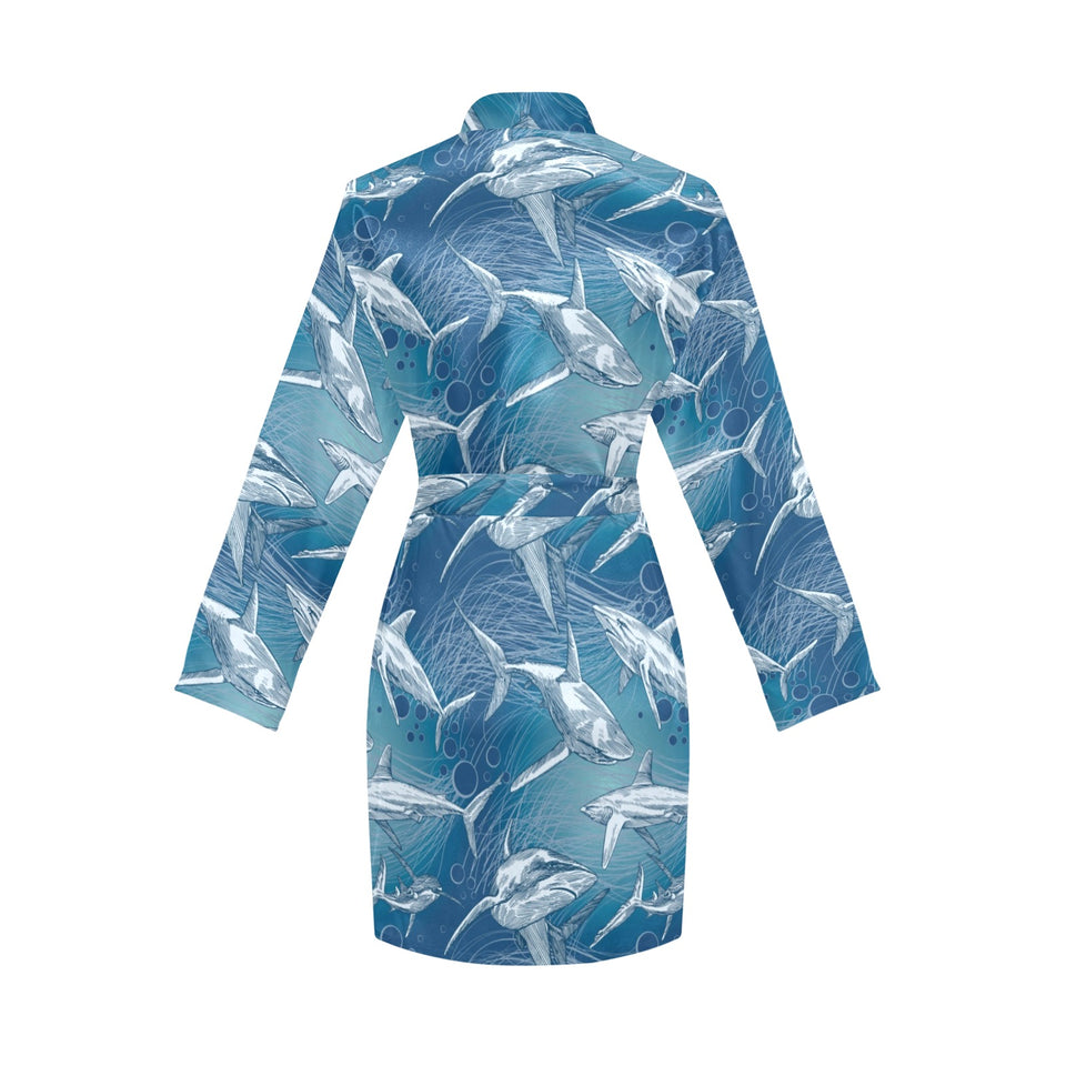 Shark hand drawn Women's Long Sleeve Belted Night Robe