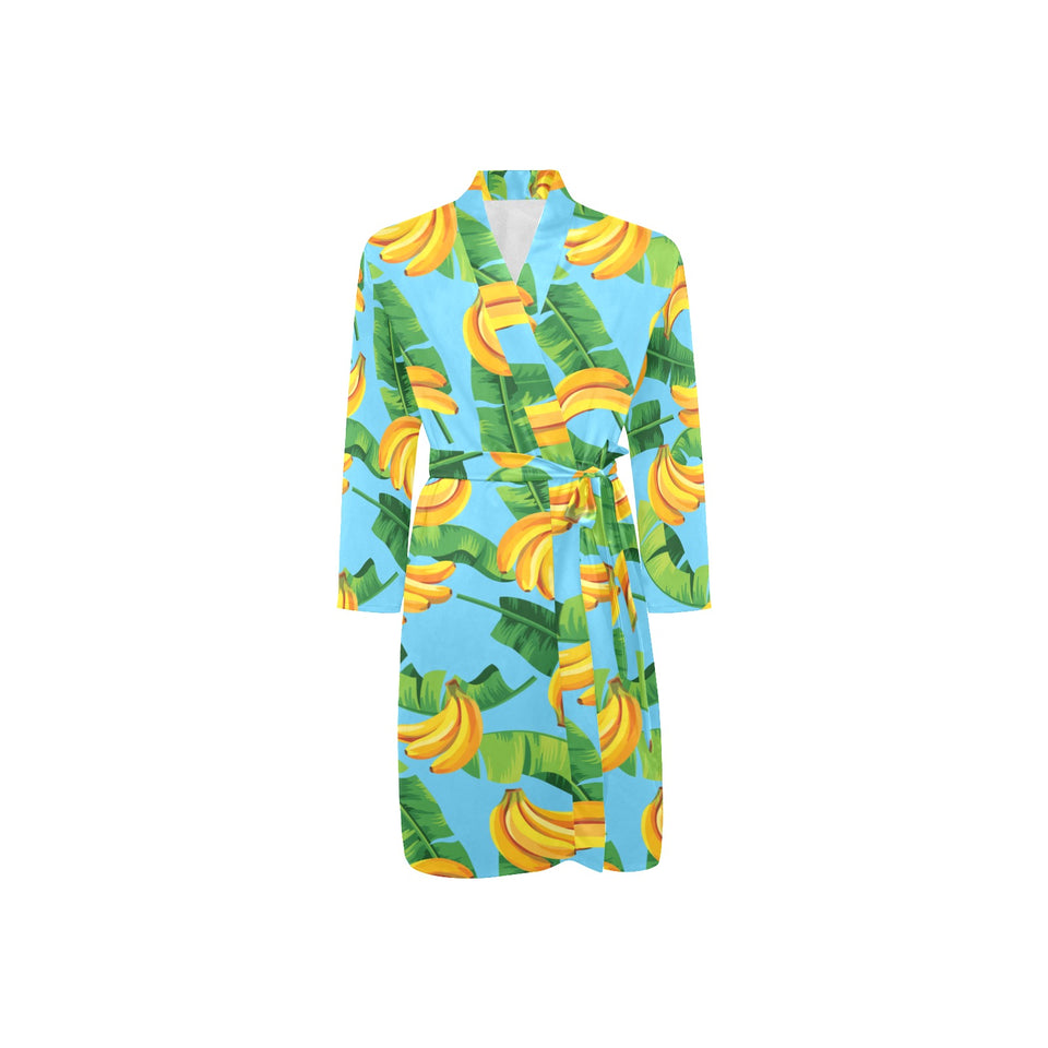 banana leaves banana design pattern Men's Long Sleeve Belted Night Robe