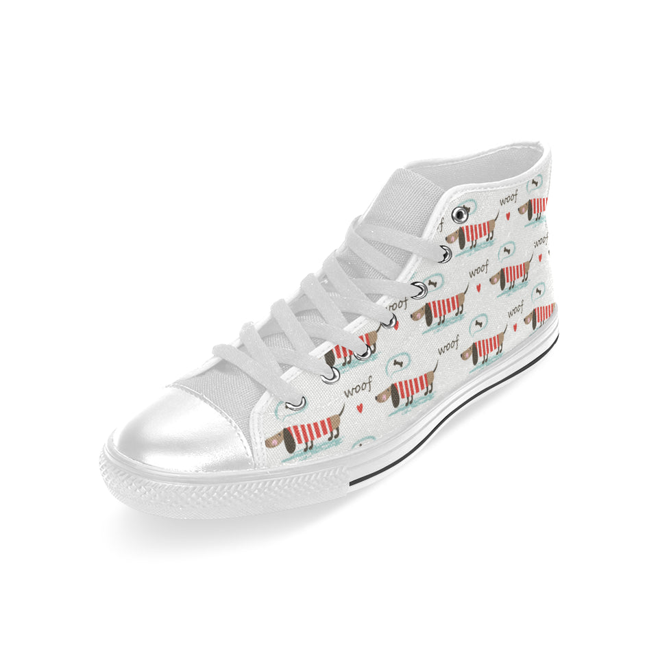 Cute dachshund bone pattern Men's High Top Canvas Shoes White
