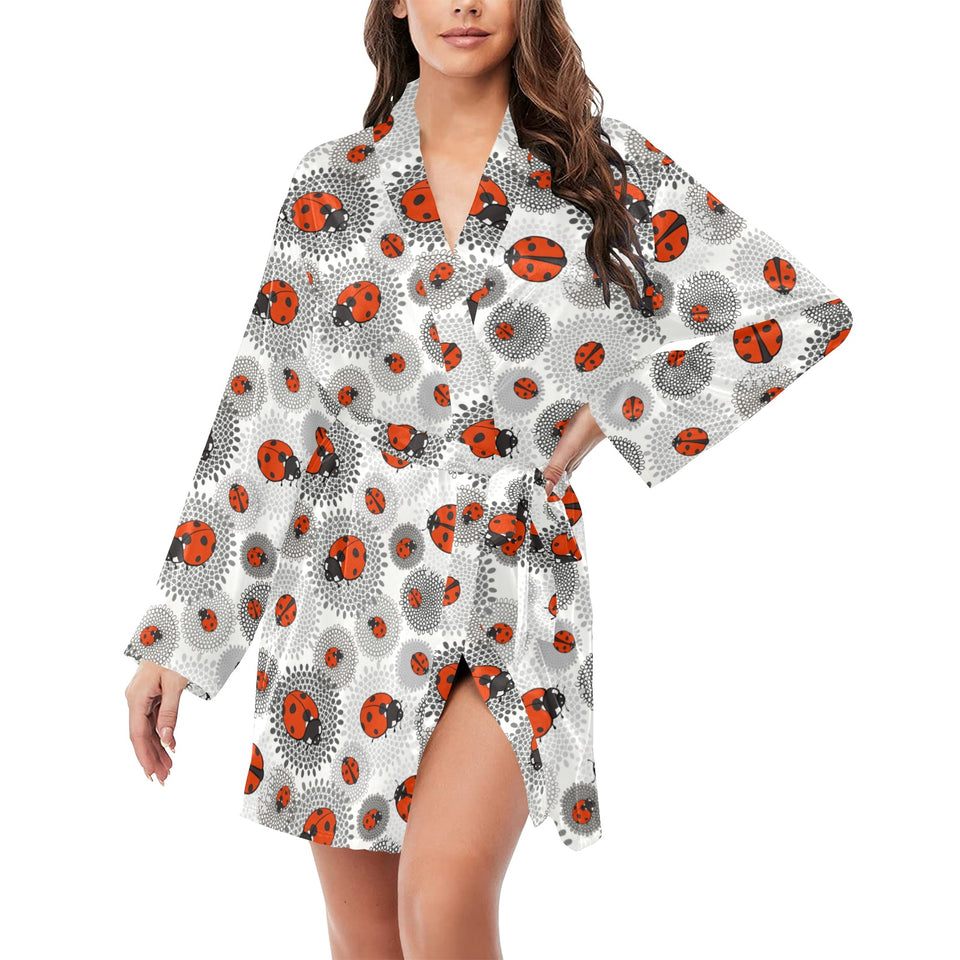 Ladybug Pattern Print Design 05 Women's Long Sleeve Belted Night Robe