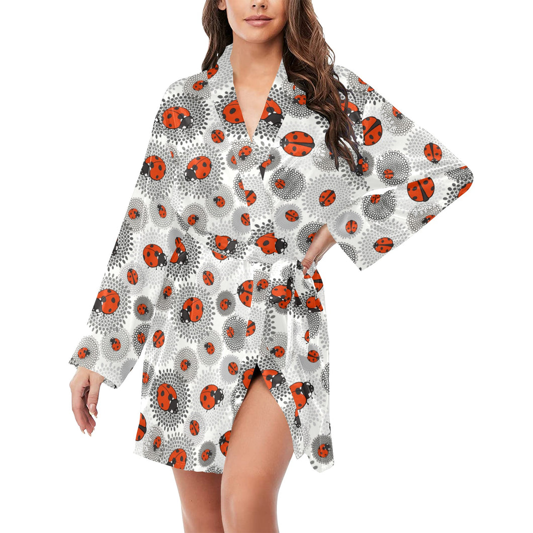 Ladybug Pattern Print Design 05 Women's Long Sleeve Belted Night Robe
