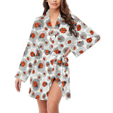 Ladybug Pattern Print Design 05 Women's Long Sleeve Belted Night Robe