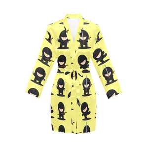 Cute ninja yellow background Women's Long Sleeve Belted Night Robe