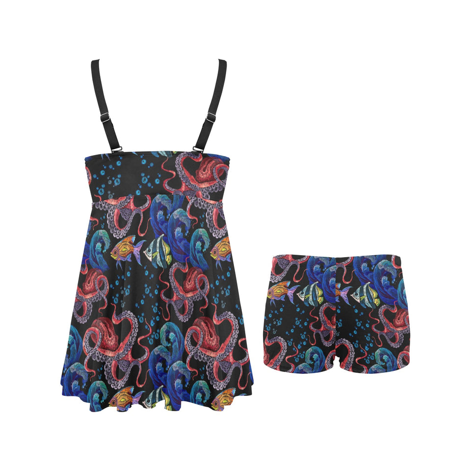 Octopus sea wave tropical fishe pattern Chest Sexy Pleated Two Piece Swim Dress