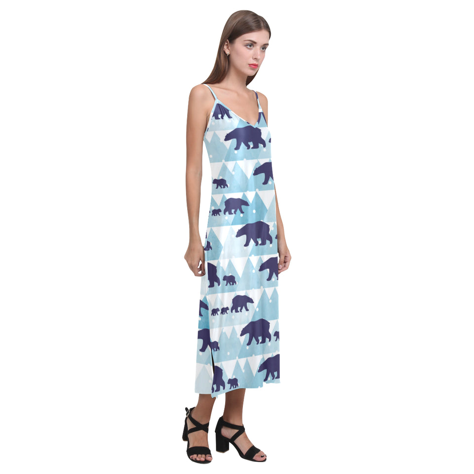 polar bear winter snow pattern V-Neck Open Fork Long Dress