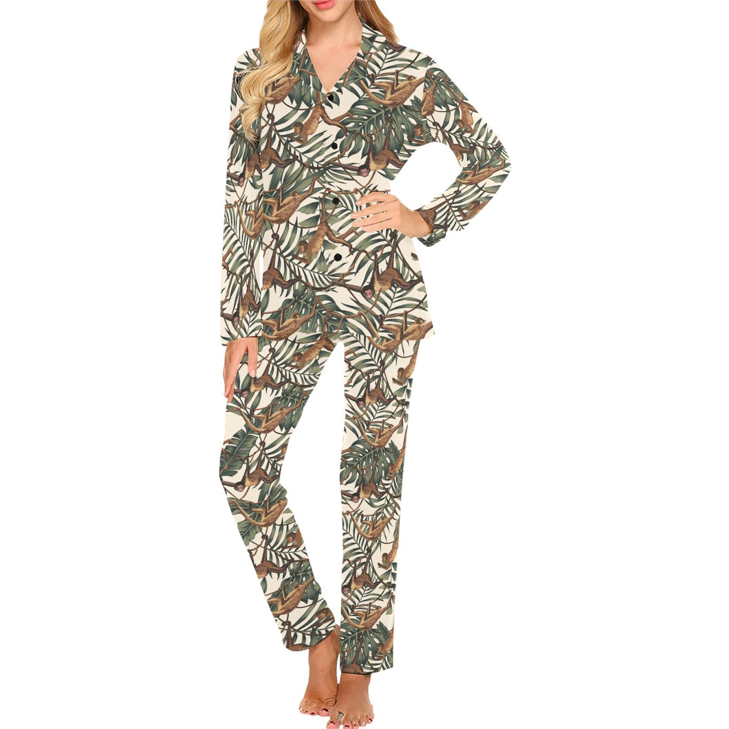 Monkey tropical leaves background Women's Long Pajama Set