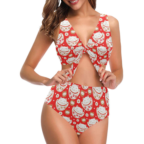 Cute Maneki neko cat red background Chest Bowknot High Waisted Bikini Swimsuit