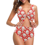 Cute Maneki neko cat red background Chest Bowknot High Waisted Bikini Swimsuit