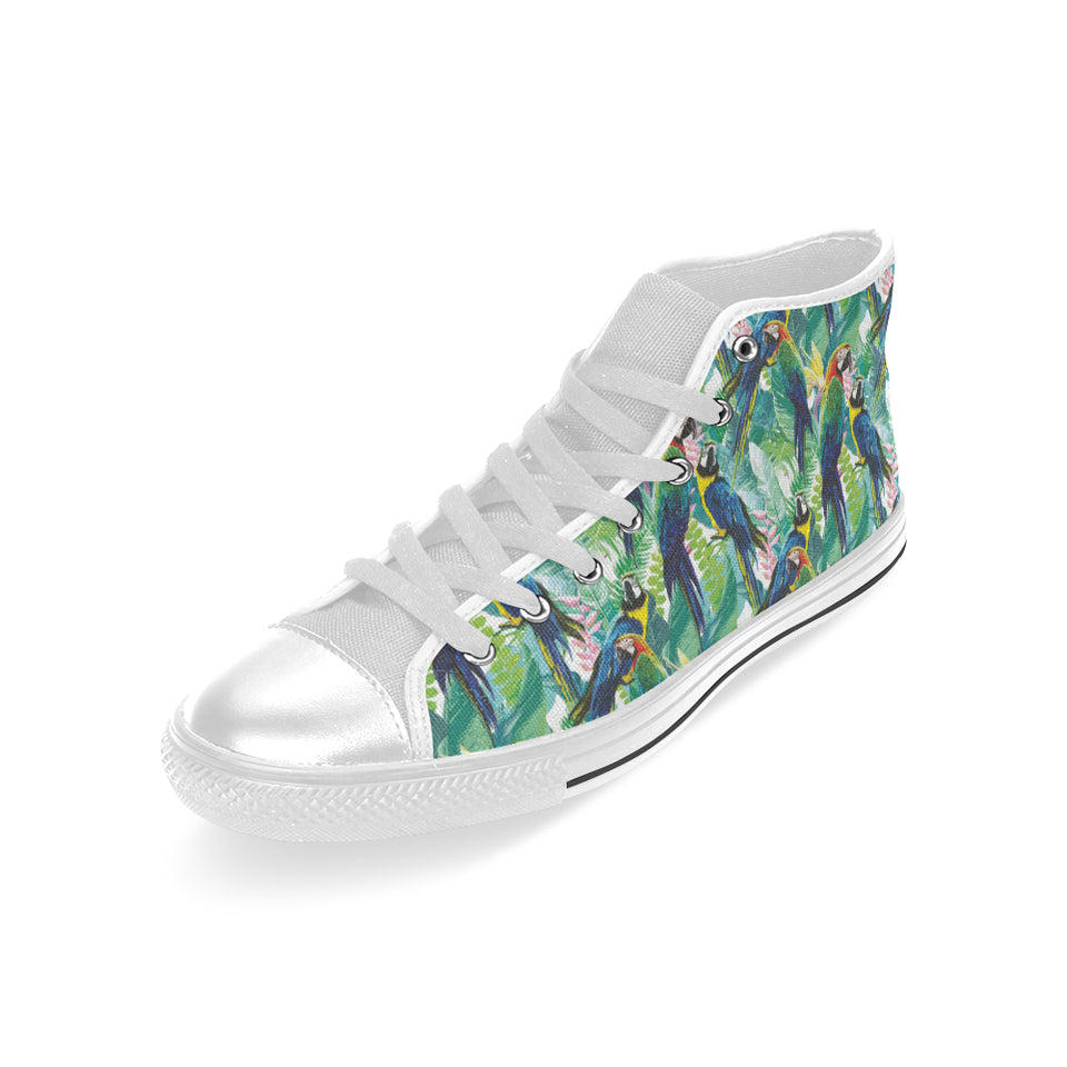 Colorful parrot exotic flower leaves Men's High Top Canvas Shoes White