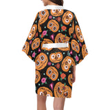 Pumpkin flowers spiderweb Halloween theme Women's Short Kimono Robe
