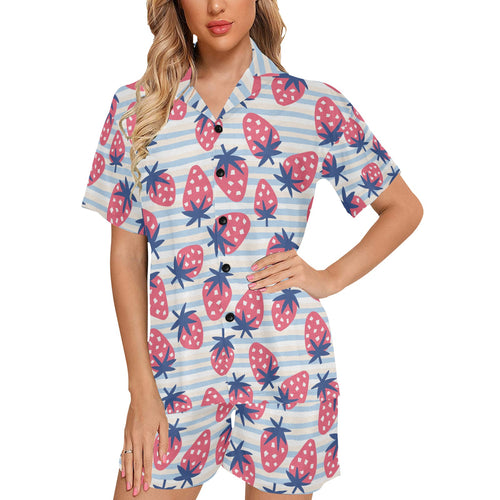 Strawberry pattern blue lines background Women's V-Neck Short Pajama Set