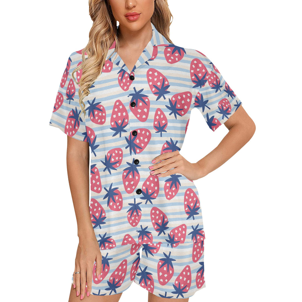 Strawberry pattern blue lines background Women's V-Neck Short Pajama Set