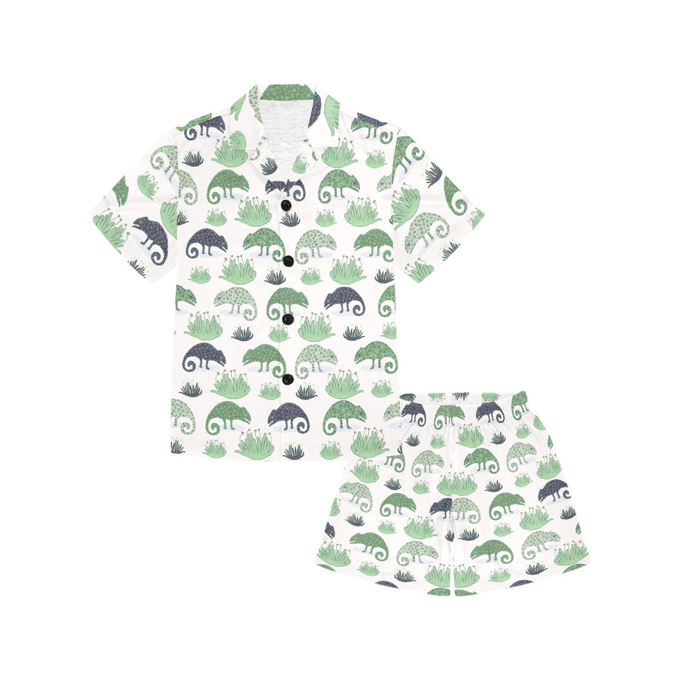 Chameleon lizard succulent plant pattern Kids' Boys' Girls' V-Neck Short Pajama Set