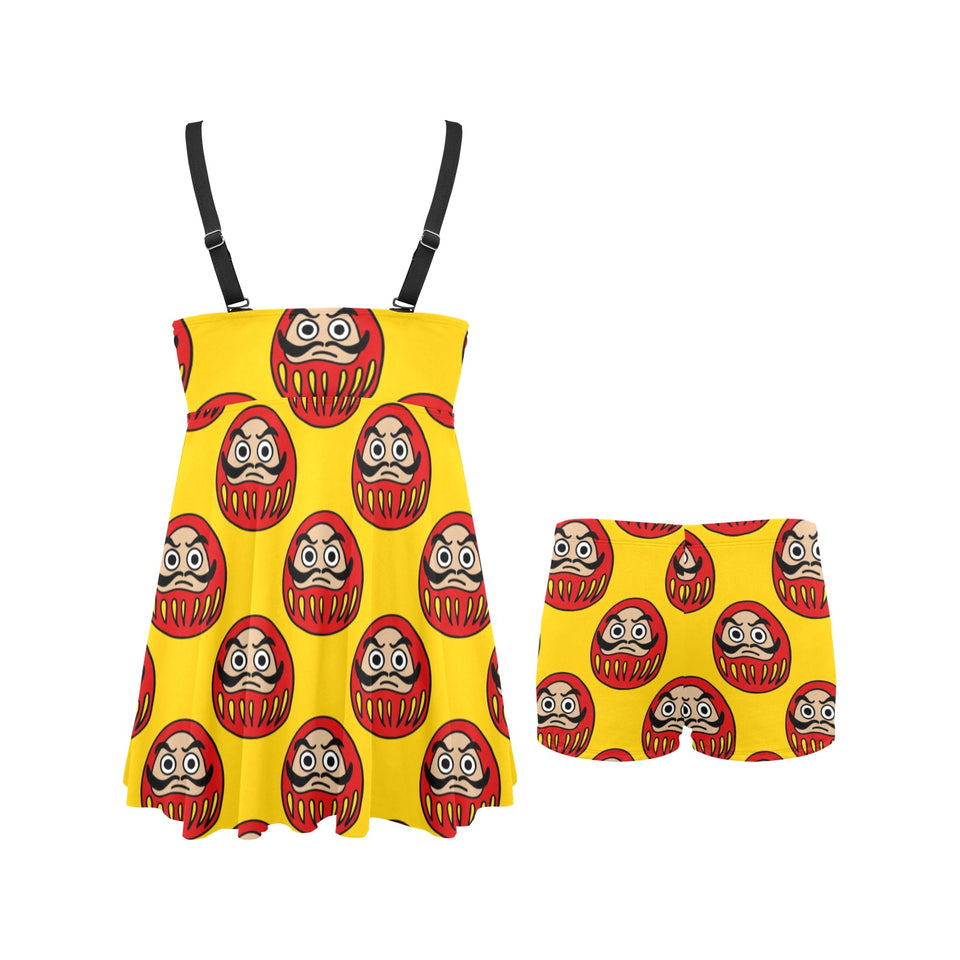 Daruma japanese wooden doll yellow background Chest Sexy Pleated Two Piece Swim Dress